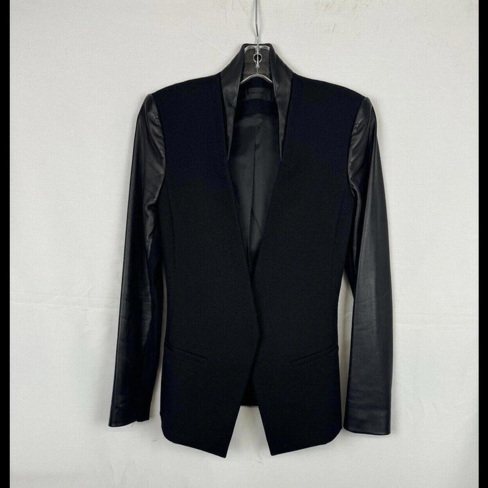 Helmut Lang Virgin Wool Lamb Leather Sleeve Blazer Jacket Black Size 4 US